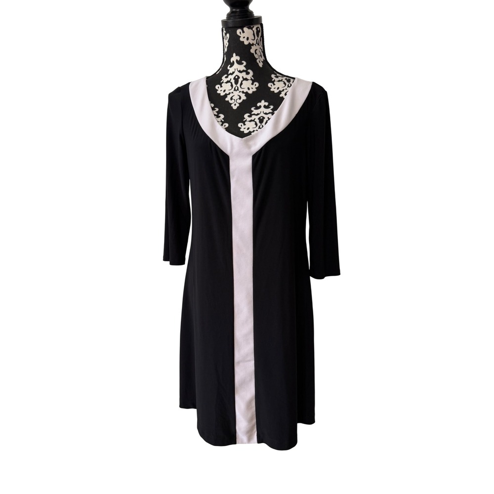 The Look Black White Colorblock V-Neck 3/4 Sleeve Shift Dress Size M Made in USA